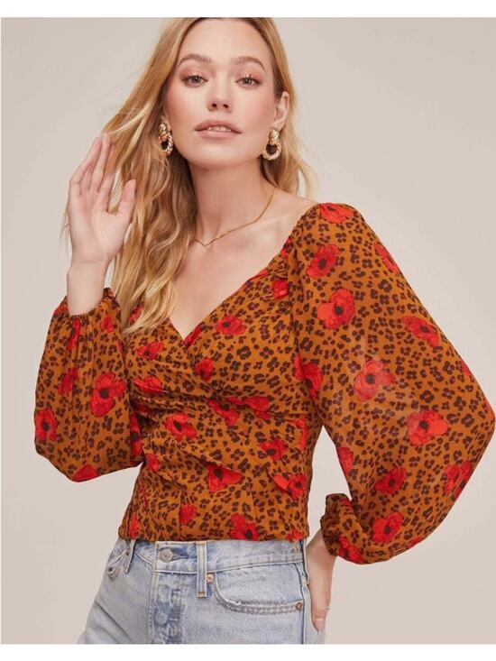 Astr Tops - ASTR Animal Leopard Print Floral Shirred V-Neck Blouse Crop Top sz S